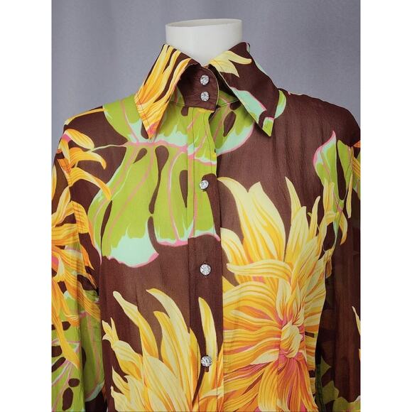 Body By Victoria Secrets Shirt Medium Brown Yellow Silk Floral Button Top Groovy - Picture 4 of 15